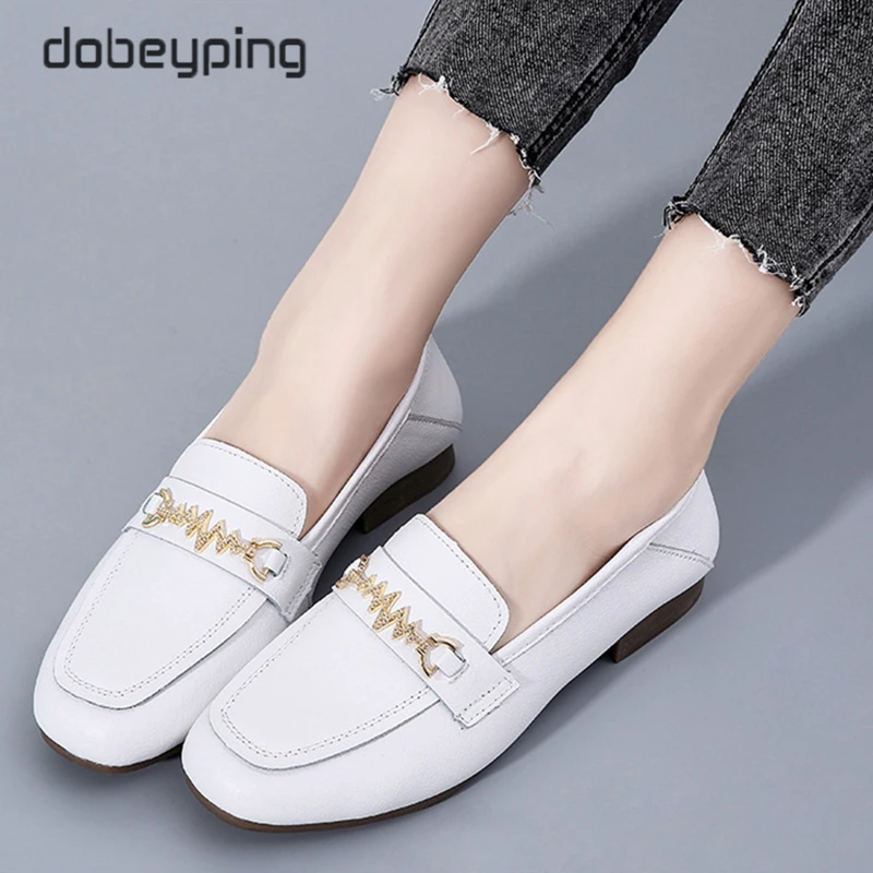 Spring Autumn Genuine Leather Shoes Woman Slip On Women's Flats Round Toe Female Loafers Soft Fashion Metal Outdoor Ladies Shoe