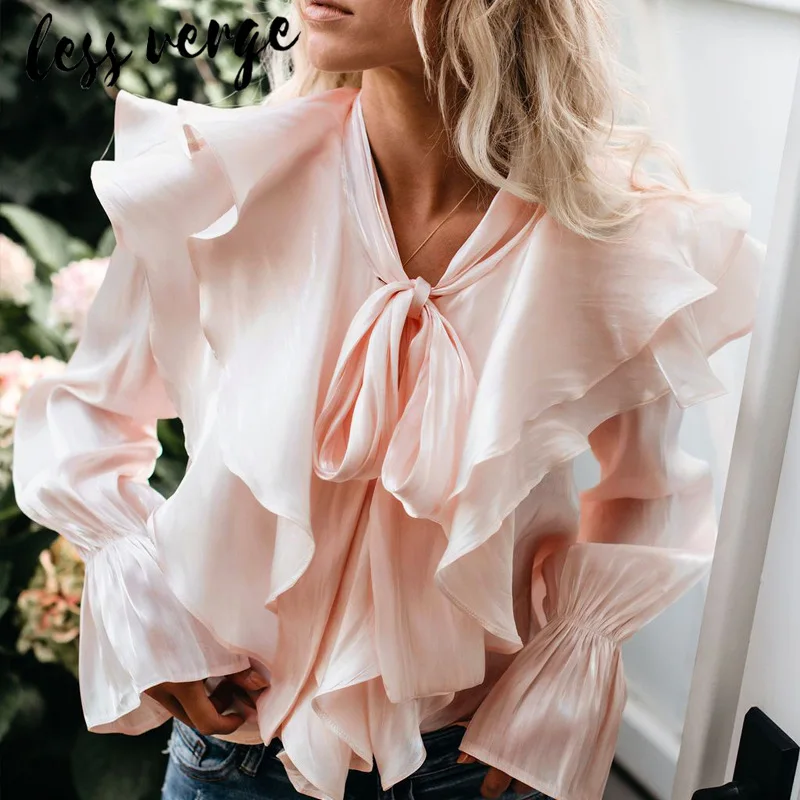 Женская атласная шелковая блузка с оборками и бантом lessverge элегантная розовая