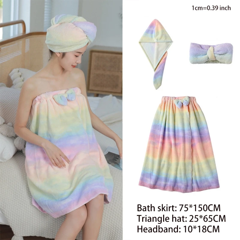 

3pcs Women Bath Towel Wrap Set Rainbow Striped Shower Bathrobe Hair Headband