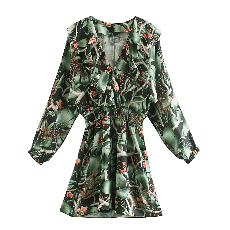 Женское винтажное мини-платье с v-образным вырезом и цветочным принтом