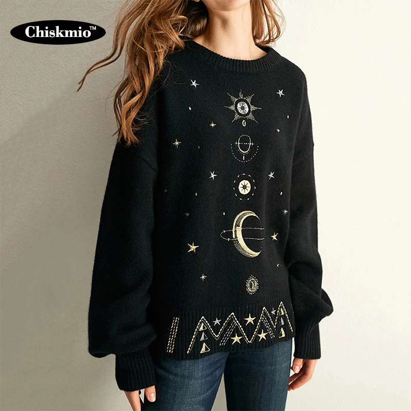 

Luxury Starry Embroidery Women Pullover Black Loose Knitting Sweater Tops Lantern Long Sleeve Round Neck Ladies Winter Clothing
