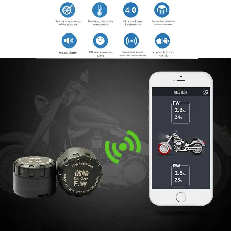 

Система контроля давления в шинах GIORDON для мотоциклов, беспроводная, Bluetooth, с двумя внешними датчиками
