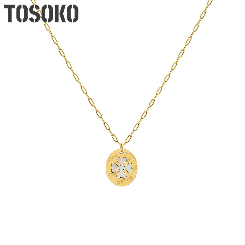 

TOSOKO Stainless Steel Jewelry Flower Oval White Seashell Necklace Female Clavicle Chain BSP960