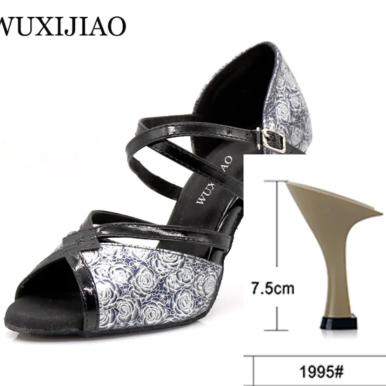 black heel 7.5cm WUXIJIAO розовый узор PU материал черные золотые латинские женские туфли для танцев сальса танцевальные вечерние со стразами Бальные Танцевальные Туфли 9 см - Цвет: black heel 7.5cm