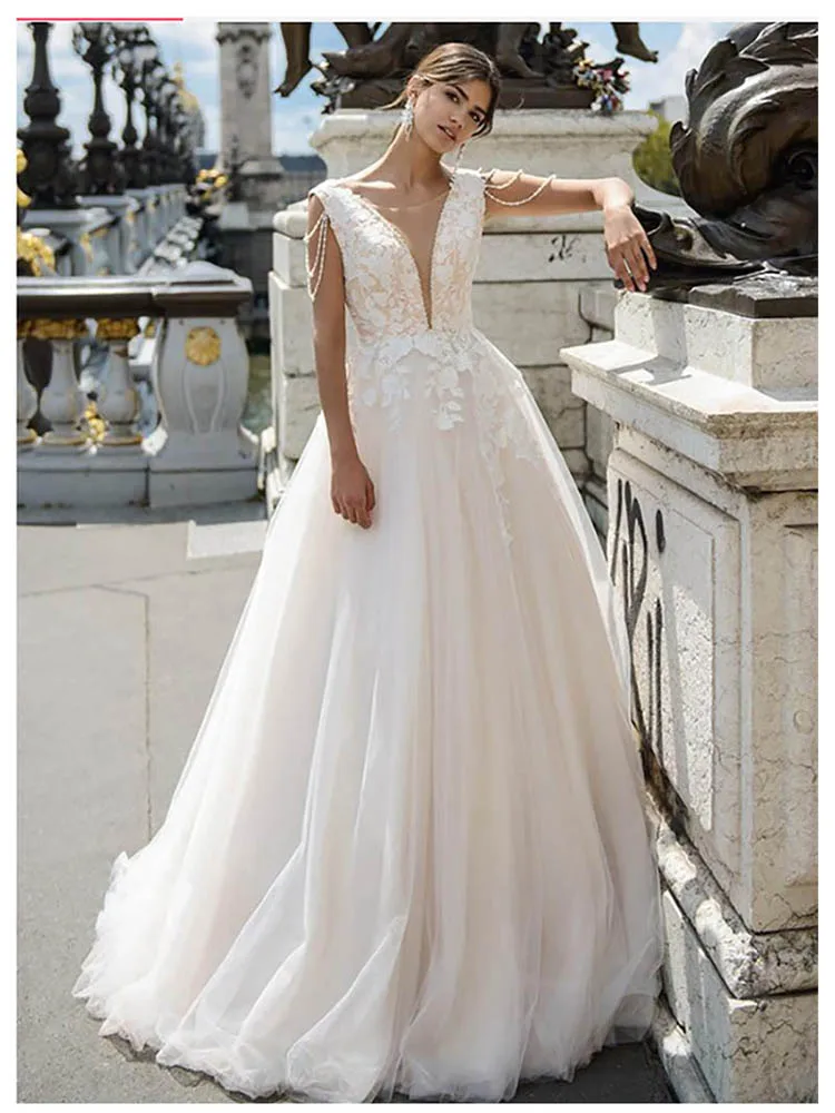 

Hi Shy Bride New simple wedding dress backless sleeveless design chiffon lace bride dresses princess dress plus size tailor-made
