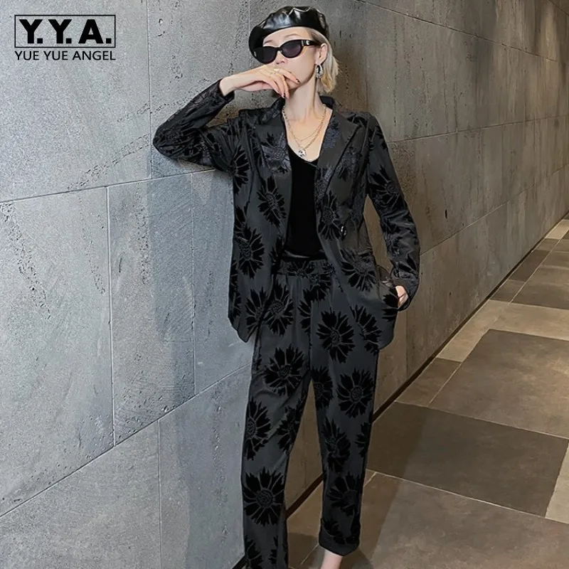 

Autumn New Women Print Blazer Two Pieces Set Fashion Single Button Slim Black Suit Jackets Straight Pants Set Female Streetwear