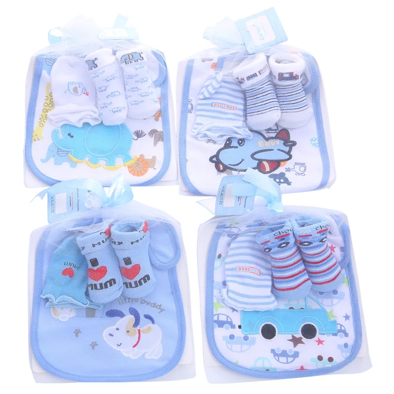 

3Pcs Baby Cotton Bibs Towel Socks Sets Newborn Kids Burp Cloths+Socks +Anti-scratch Gloves Boys Girls Christmas Birthday Gift