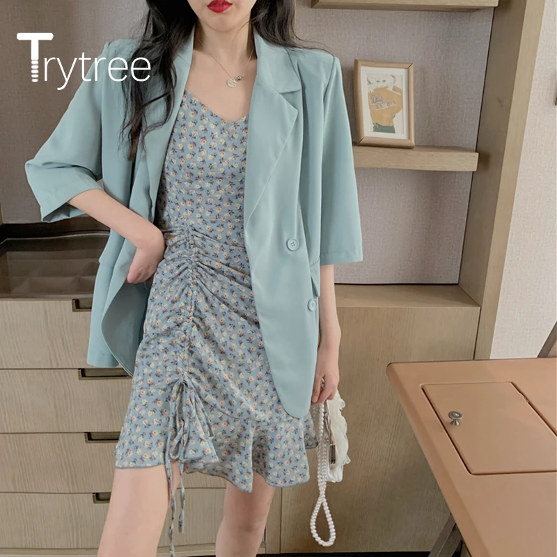 

Trytree Spring Women two piece set Casual Turn-down Collar Solid Suit Coat Tops + Sling Dress Print Mini Ruffles Set 2 Piece Set