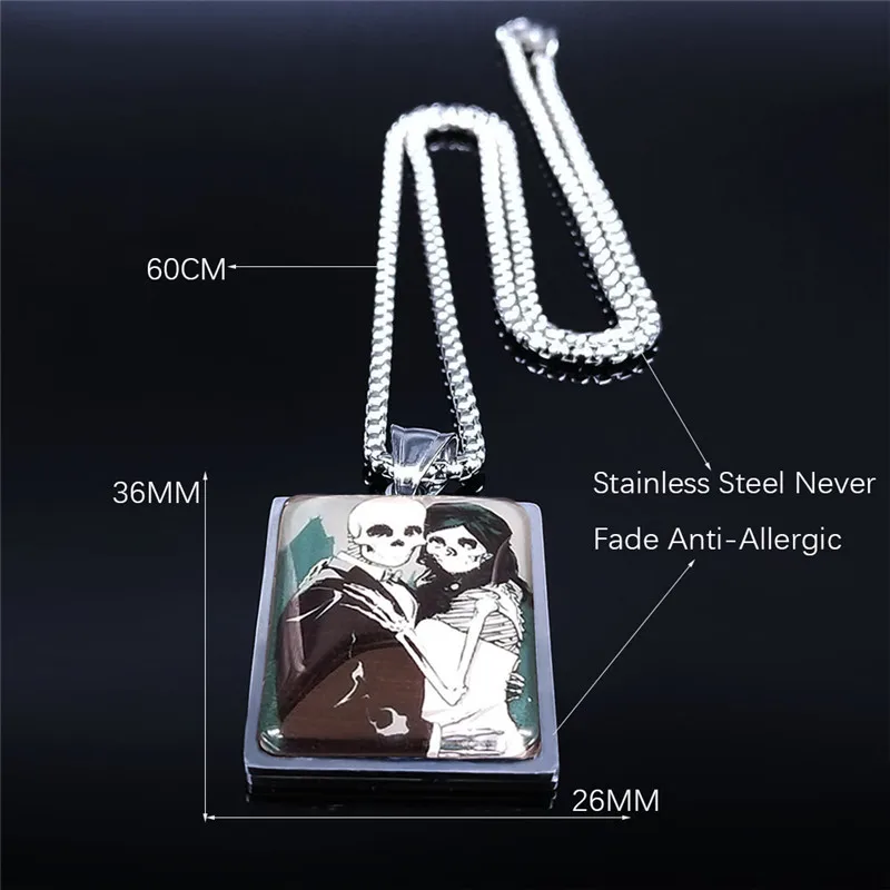 

2021 Gothic Skull Couple Stainless Steel Glass Chain Necklaces Women/Men Silver Color Pendant Jewelry collier homme N5181S03