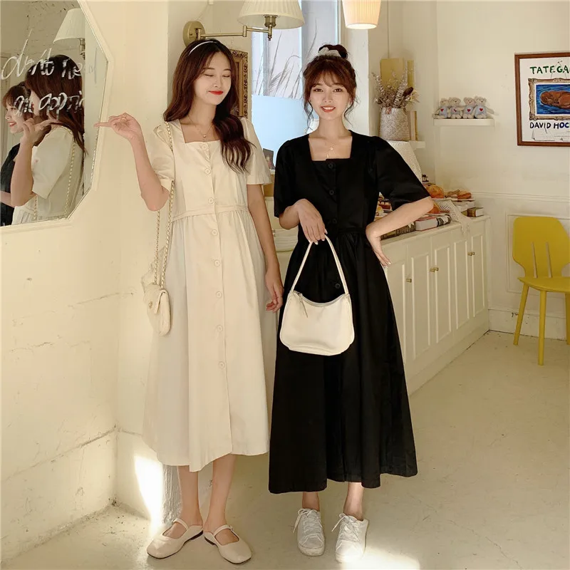 

Женское платье с коротким рукавом, белое свободное приталенное платье средней длины с квадратным вырезом и высокой талией в Корейском стил...