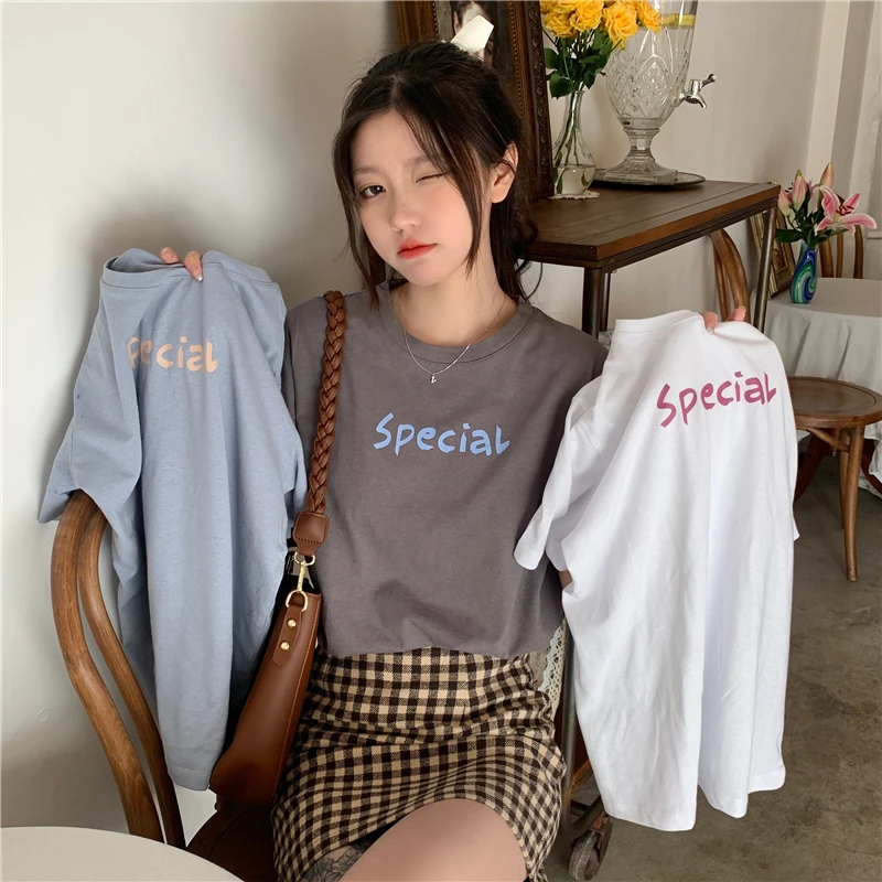 

Cotton short sleeve T-shirt women's summer 2021 new Korean student loose and versatile pure color letter top