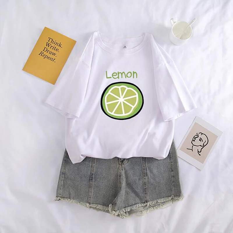 Женские футболки с короткими рукавами свободные принтом авокадо и лимона в стиле