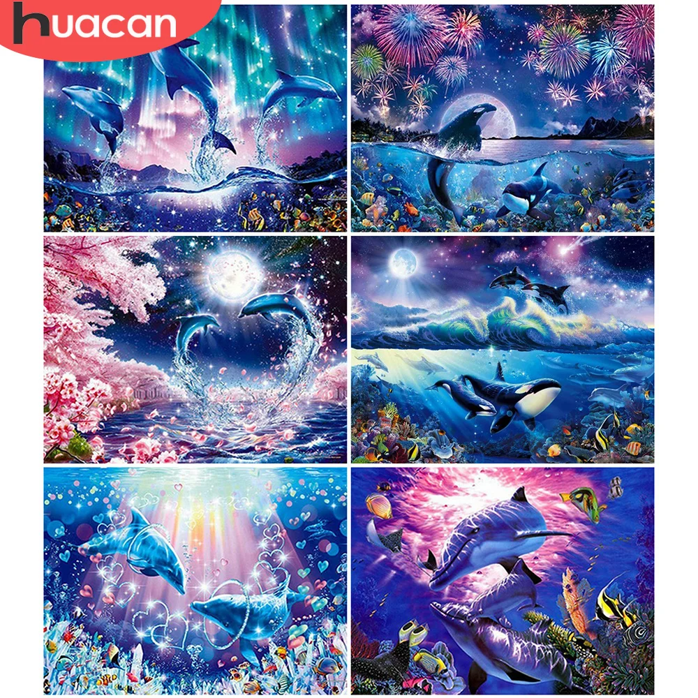 

HUACAN 5D DIY Full Square Diamond Painting Cross Stitch Dolphin Mosaic Rhinestone Diamond Embroidery Animal Home Decoration