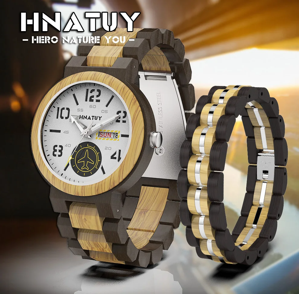 Часы Hnatuy с пряжкой деревянные кварцевые часы деловые мужские отображением