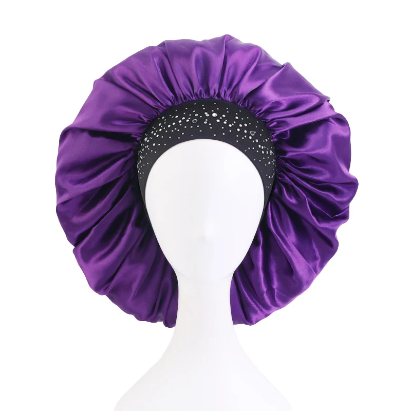 

Extra Large Satin Solid Sleeping Hat With Rhinestoned High Elasticity Wide Side Long Hair Night Caps Chemotherapy Bonnet