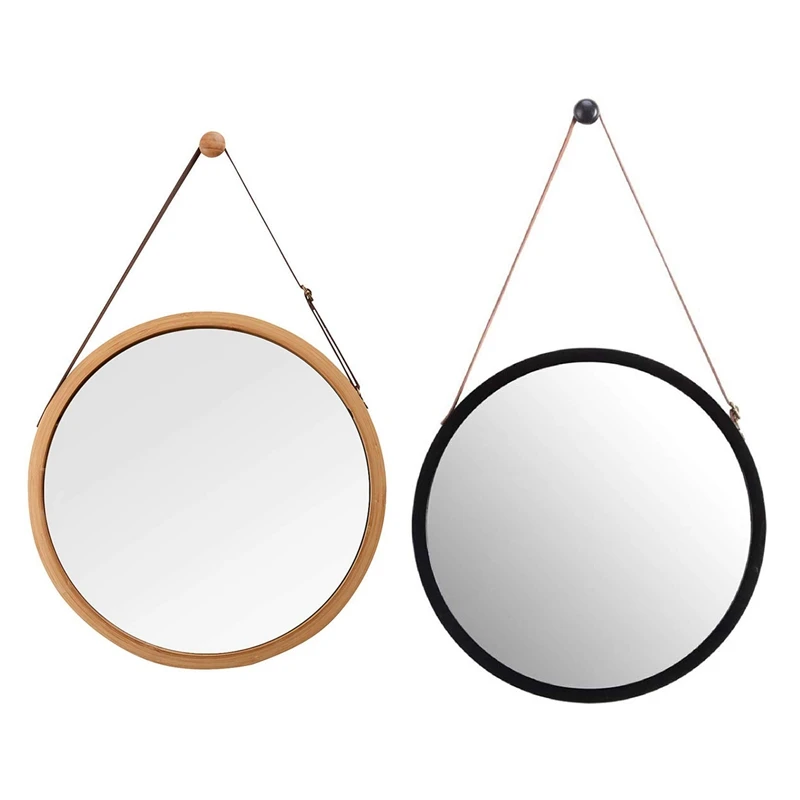 

2X Hanging Round Wall Mirror In Bathroom & Bedroom Solid Bamboo Frame & Adjustable Leather Strap (Bamboo/Black, 15 Inch)