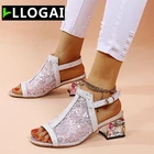 Сандалии женские с вышивкой, Модные дышащие сетчатые однотонные Босоножки с открытым носком, на квадратном каблуке, лето