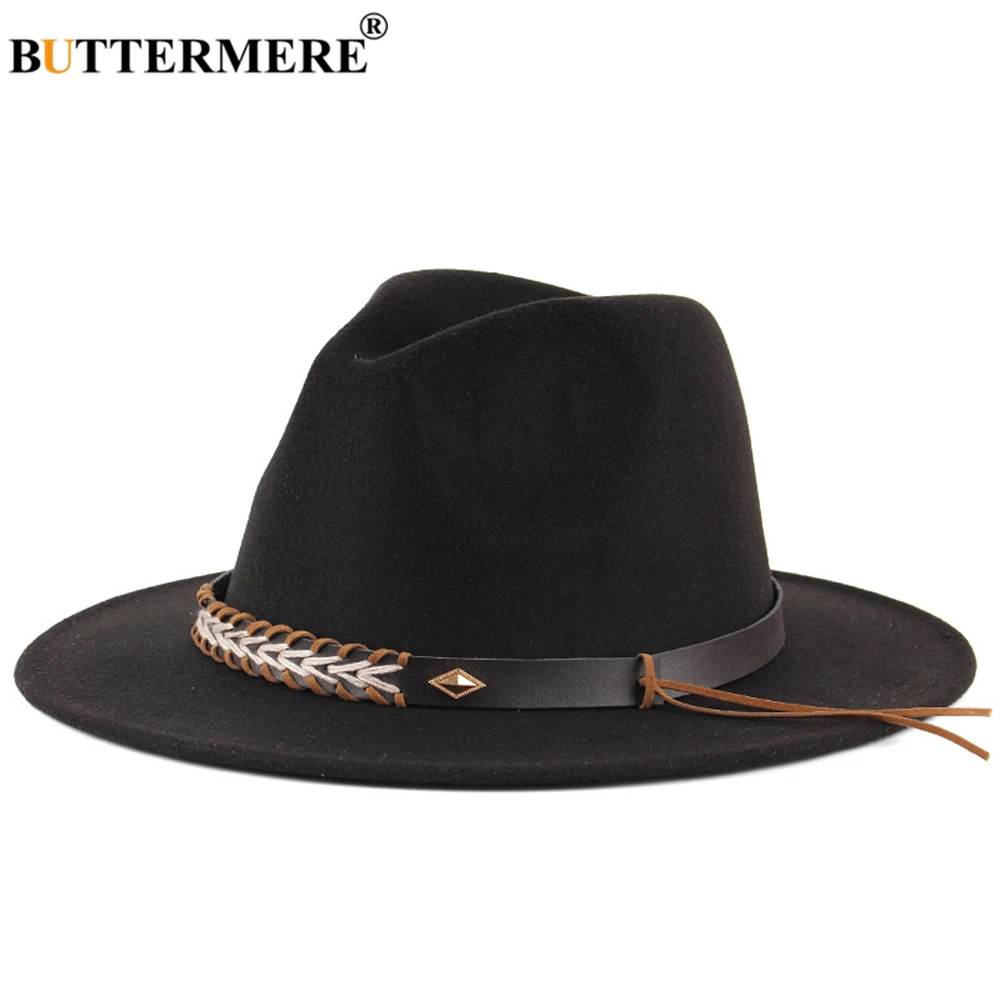 

BUTTERMERE Winter Autumn Imitation Woolen Women Men Ladies Fedoras Top Jazz Hat European American Round Caps Bowler Hats Black