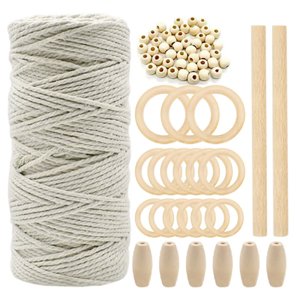 

Natural Cotton Stick Beads Kit Hanging DIY Wall Braided Knitting Crafts Wood Ring Plant Hanger Macrame Kit Cord DIY Rope Teether