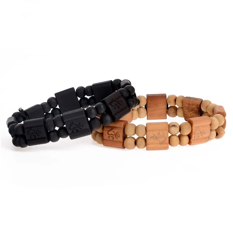 

Simple Retro Double Layers Square Round Elastic Wooden Rosary Beads Bracelet Religious Blessing Bangle Jewelry for Women Men