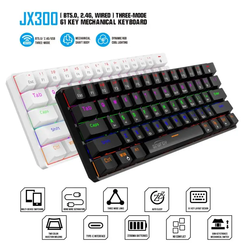 

Механическая клавиатура JX300, беспроводная Bluetooth-клавиатура 2,4 ГГц с синими переключателями, игровая клавиатура с тремя режимами и 61 клавишей...