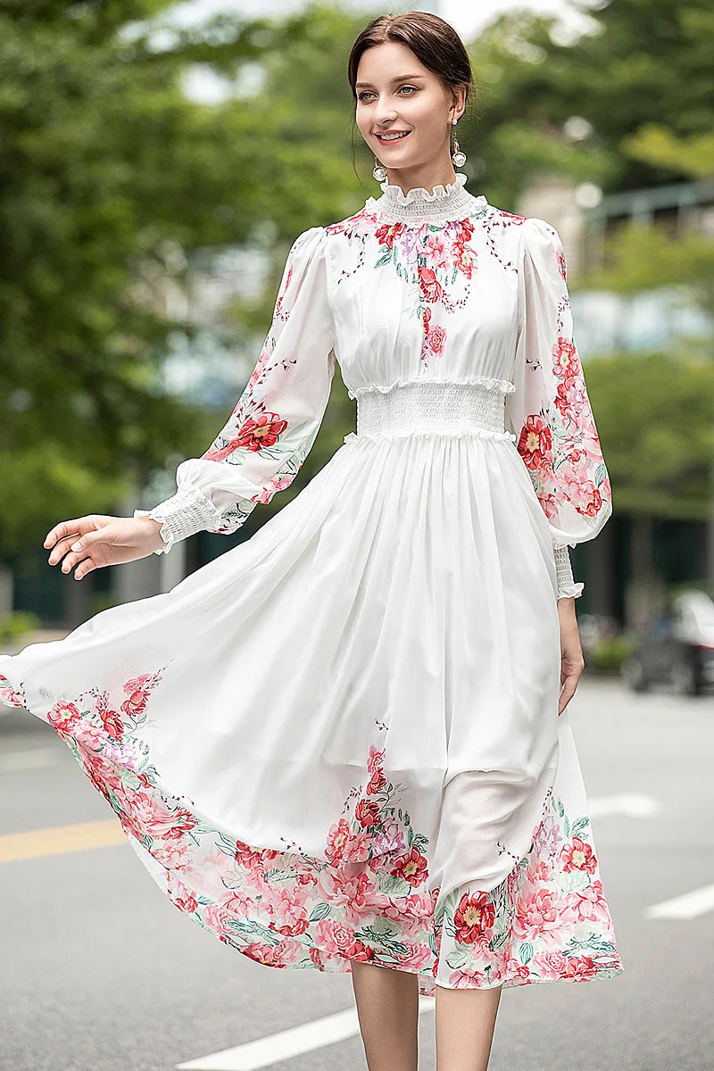 

Runway High Quality Autumn New Women'S Party Casual Vacation Elastic Band Long Sleeve Flowers Print Chiffon White Midi Dress