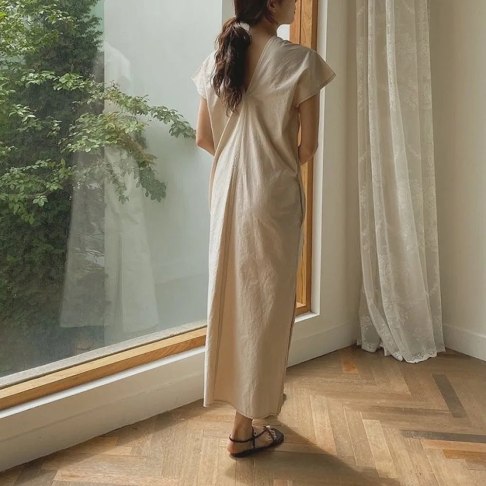 

Nice Summer Pop Japanese Style Simplicity V-neck Split Fork Casual Loose Solid Color Women's Dress Summer Fashion