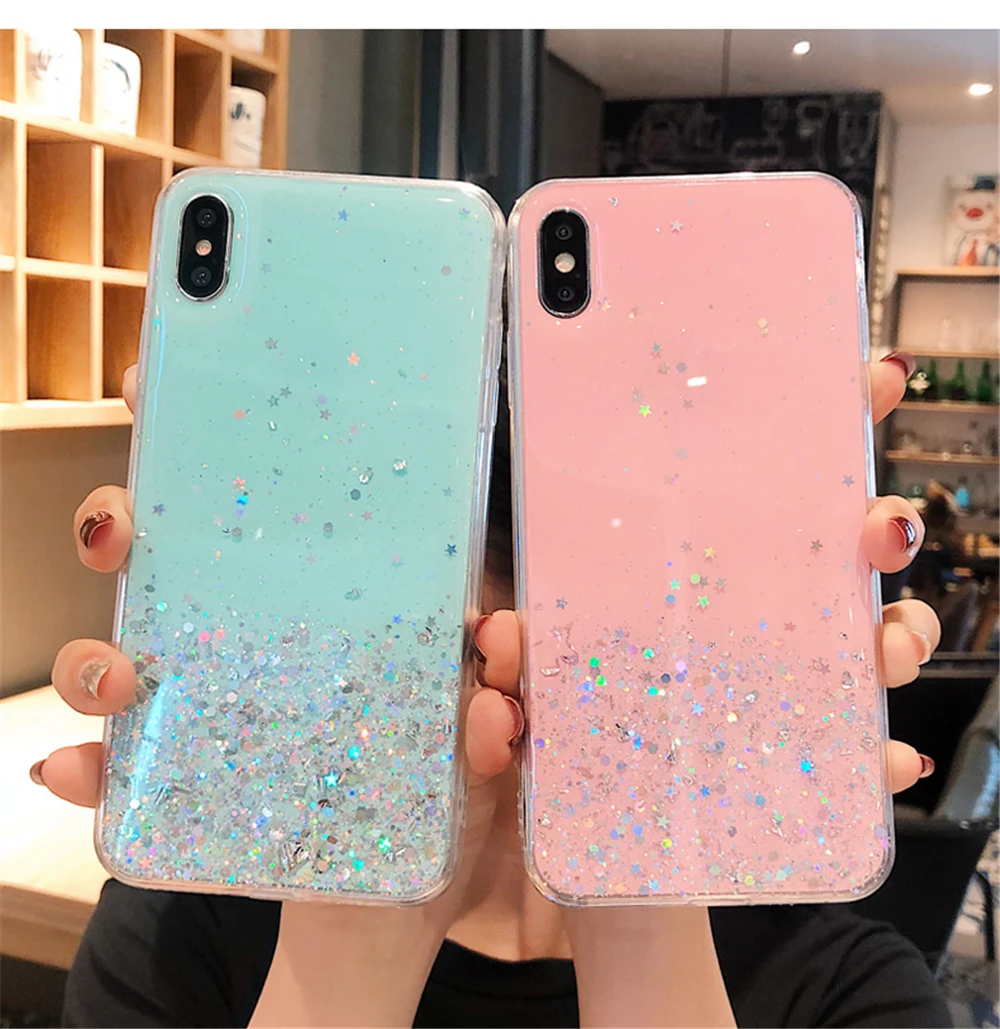Glitter Bling Star Sequins Case For iPhone 8 7 Plus 7p 6 S 6s Clear Transparent Cases For iphone X XR XS MAX 10 Soft TPU Cover