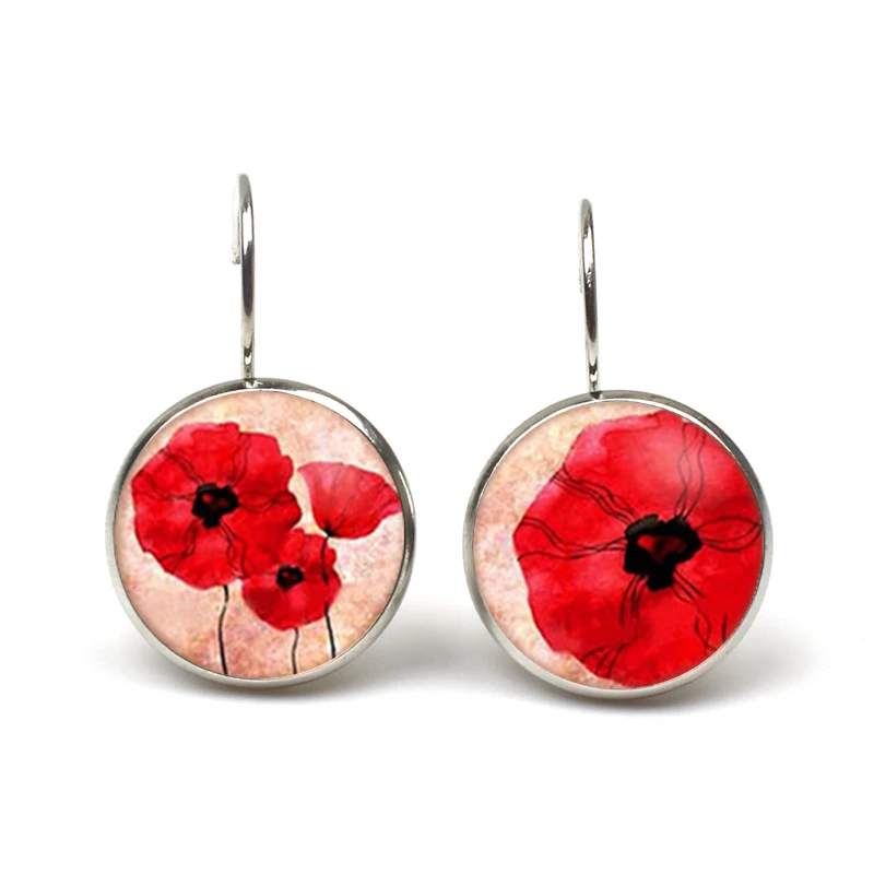 

big Red flower Pendant earring cabochon poppies simple earrings poppies Jewelry Dome Round Handmade Women's Colorful