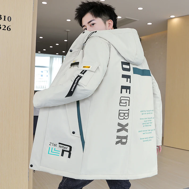 Fashion Autumn Thick Warm Fleece Jacket Men Winter Casual Hooded Mid-Length Coat Plush Parkas Streetwear Top Windbreaker Clothes