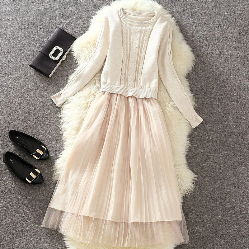 Осенне-зимнее женское платье-свитер с длинным рукавом вязаные Лоскутные