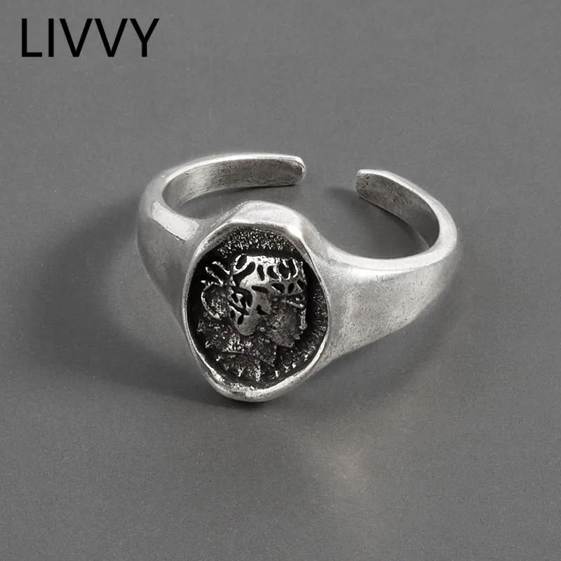 

LIVVY Thai Silver Color Portrait Relief Index Oval Open Finger Rings for Women Fashion Vintage Party Adjustable Jewelry Gifts