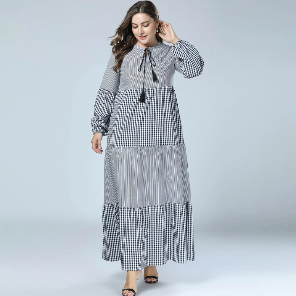 

Muslim dress polyester abaya dubai Stripe printing muslim fashion long sleeve abayas for women casual kaftan