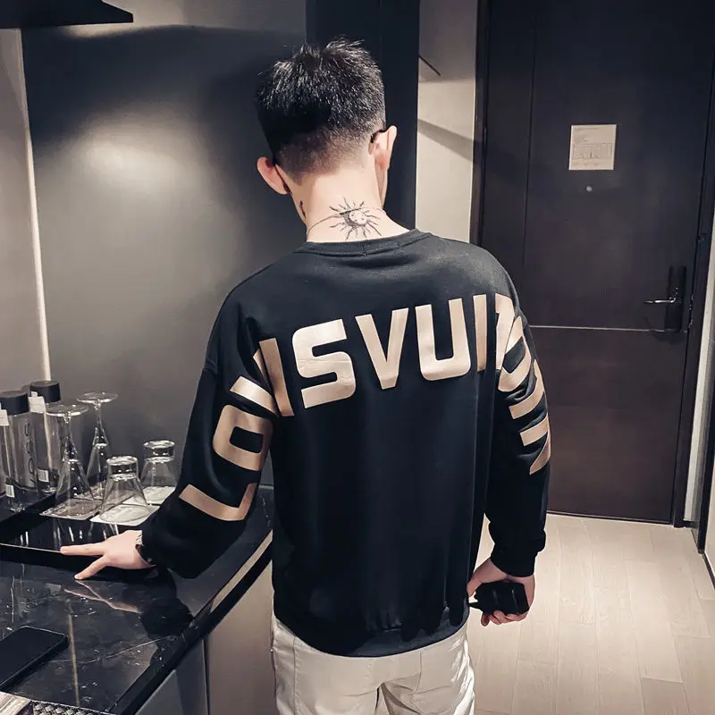 

2021 spring summer new men's casual round neck hooded sweatshirt loose long sleeved t shirt