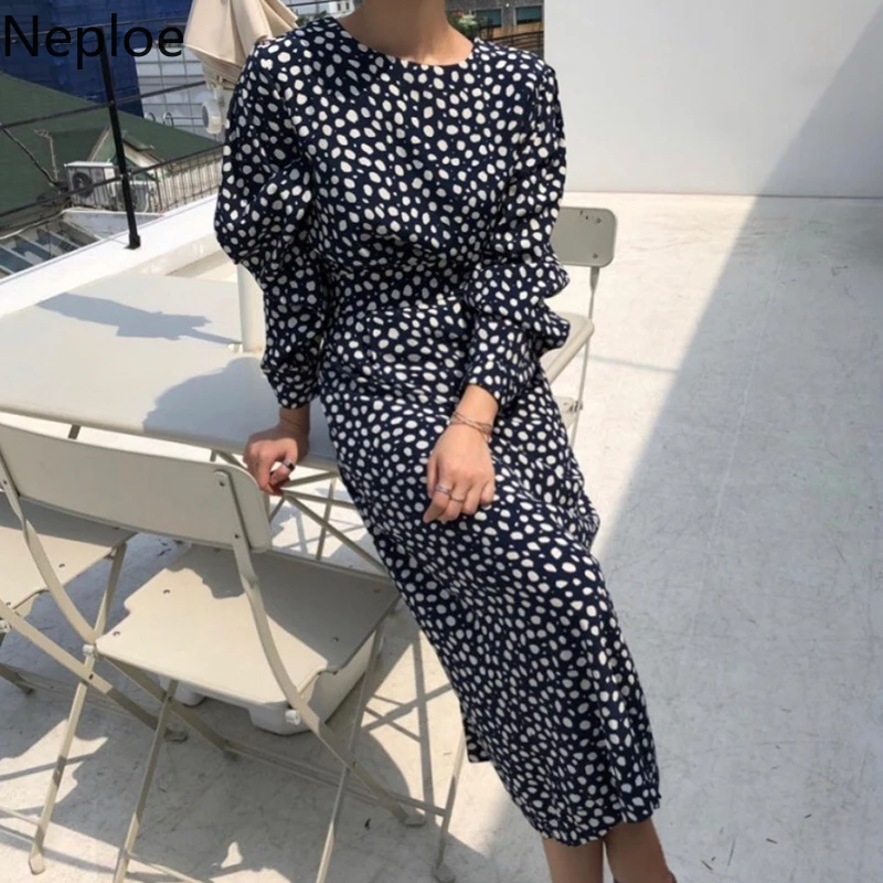 Женское облегающее платье в горошек Neploe корейское с высокой талией и принтом