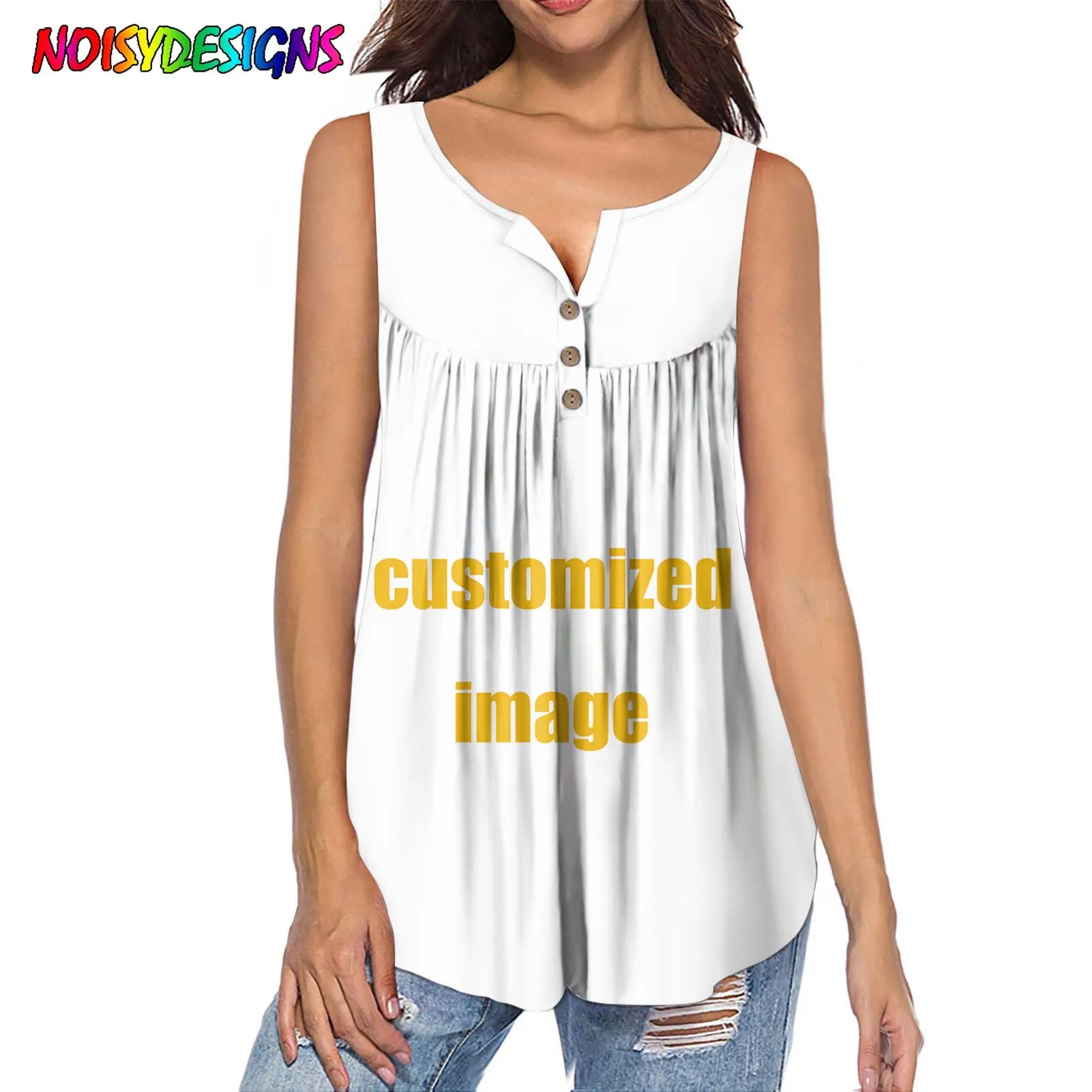 

NOISYDESIGNS Women's Pleated Swing Shirts Customized Printing Sleeveless Tunic Tank Tops Lady's Large Size Blouse Mujer