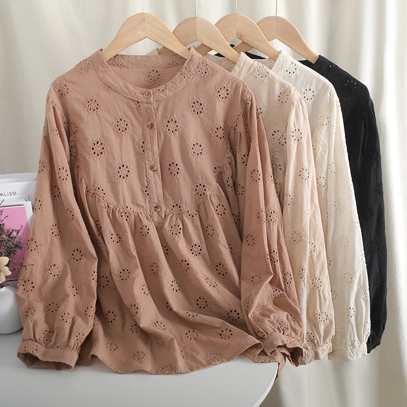 

2021 Autumn Korean Style Hollow Embroidery Long-Sleeve Cotton Shirt Female New Mori Girl Small Fresh Solid Casual Tops