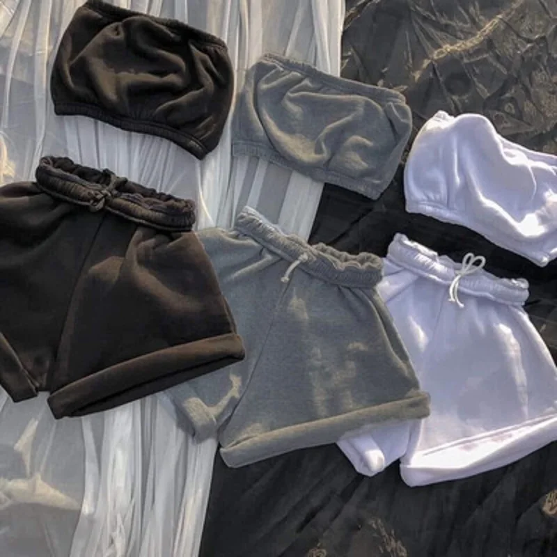

Summer Fashion Casual Sportswear Two Piece Sets Women Sleeveless Chest -Wrapped Top+Elastic Drawstring Shorts With Sports Suit