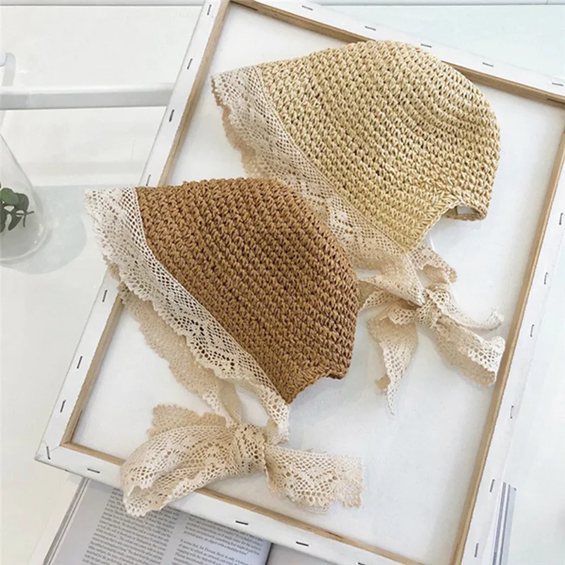 Летняя шляпа с кружевной лентой во французском стиле Пляжная соломенная бантом