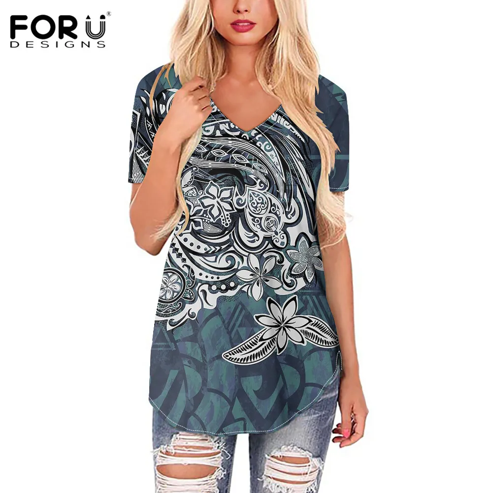 

FORUDESIGNS Sexy V Neck Summer Short Sleeves T Shirt Female High Quality Summer T Shirts Girls Polynesian Flowers Blusas Wear
