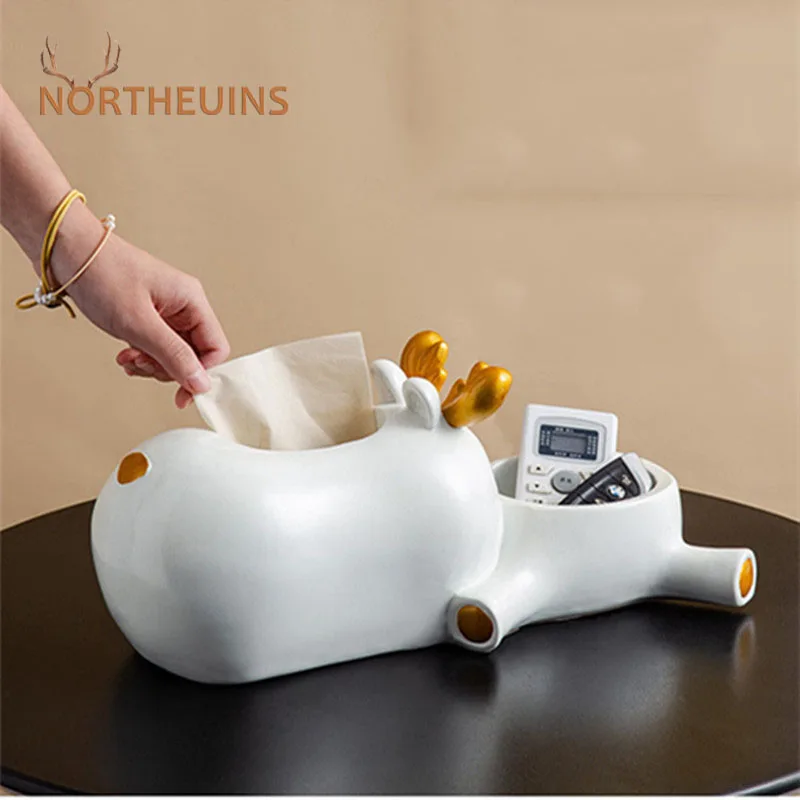 

NORTHEUINS Resin Deer Storage Paper Towel Holder Figurines Animal Statue Christmas Decorations for Home Decorative Accessories