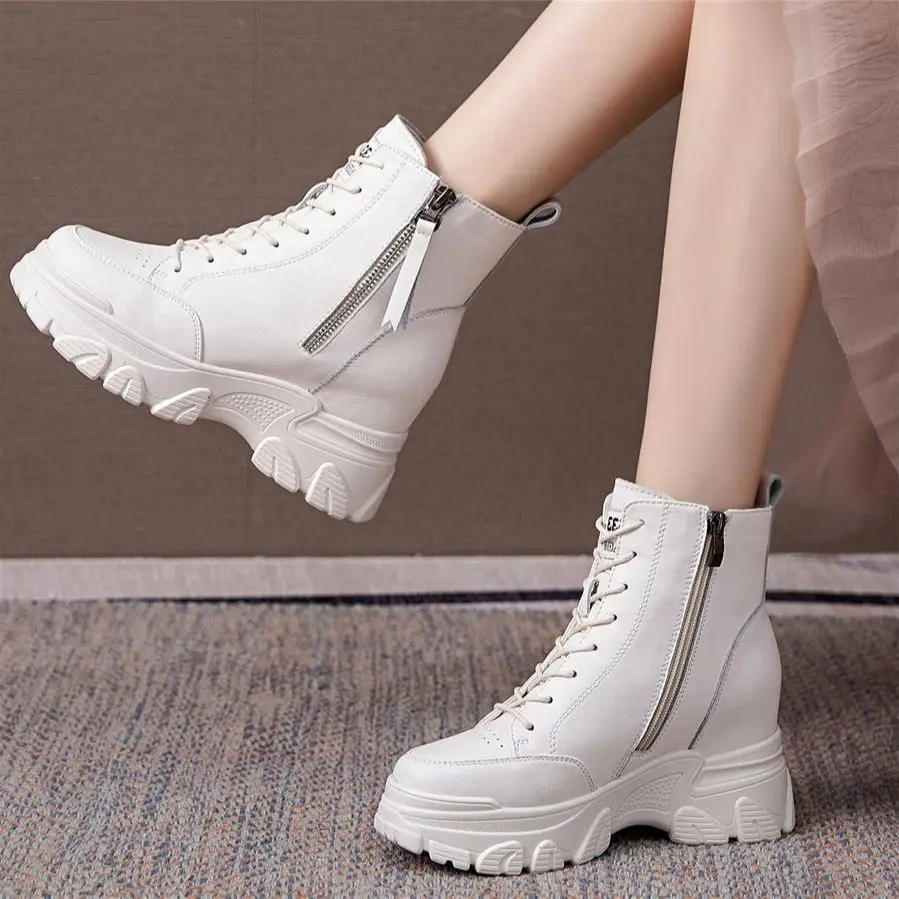 

EUR34-EUR39 Increasing Height Fashion Sneakers Women Genuine Leather Platform Wedge Ankle Boots Chunky Lace Up Oxfords Casual