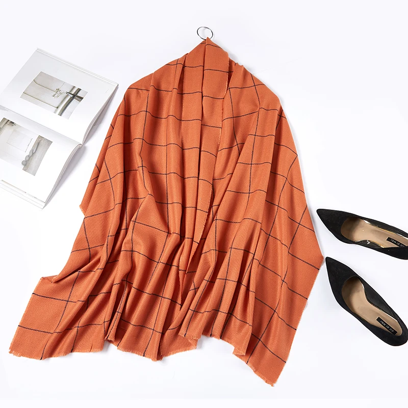 Женский вязаный клетчатый шарф кашемировый длинный из пашмины теплая накидка |