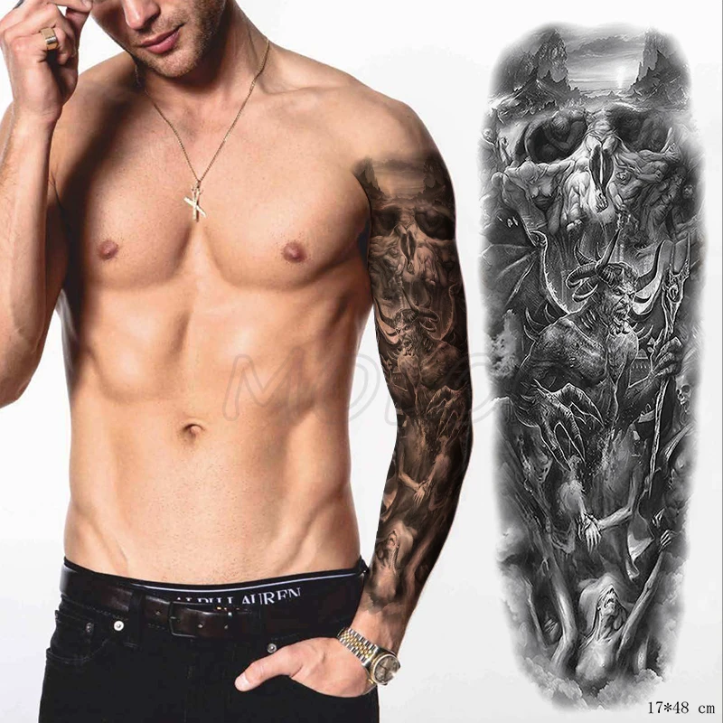 

Tattoo Sticker Temporary Full Arm Large skull movie monster fighting Waterproof hand Tatoo Flash Fake boy girl men Tatto