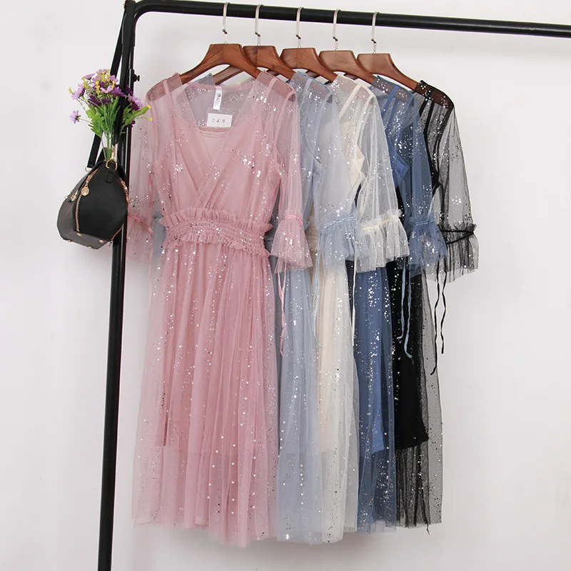 

Summer Women V-Neck Flare Sleeve Bling Sequined Mesh Gauze Ruffles Chic Dress Lady Elastic Slim Waist Pleated Organza Midi Dress