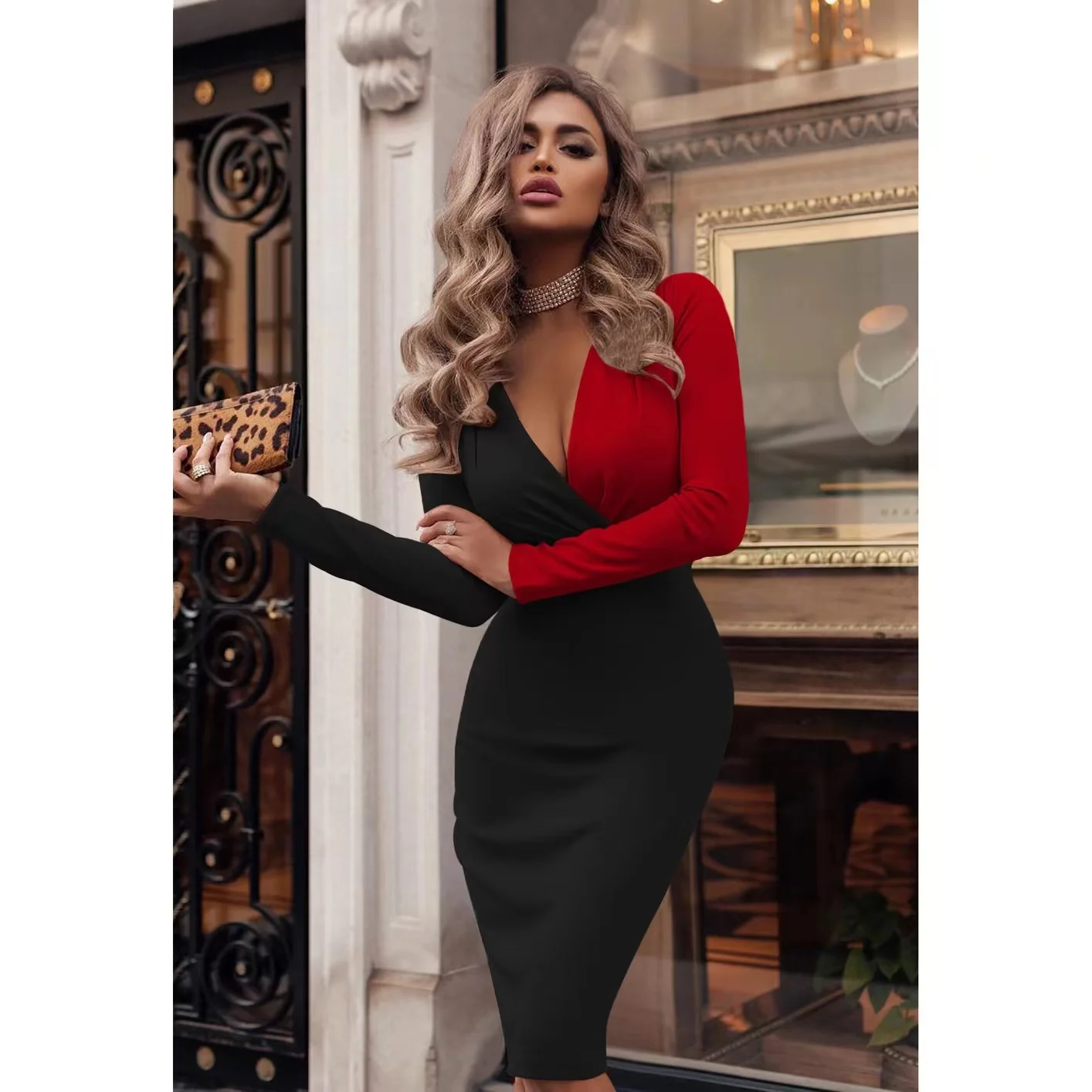 

Women‘s Dress Elegant Patchwork Deep V-neck Long-sleeve Sequin Bodycon Dresses Sexy Female Hip Package Party Dresses 2022 New