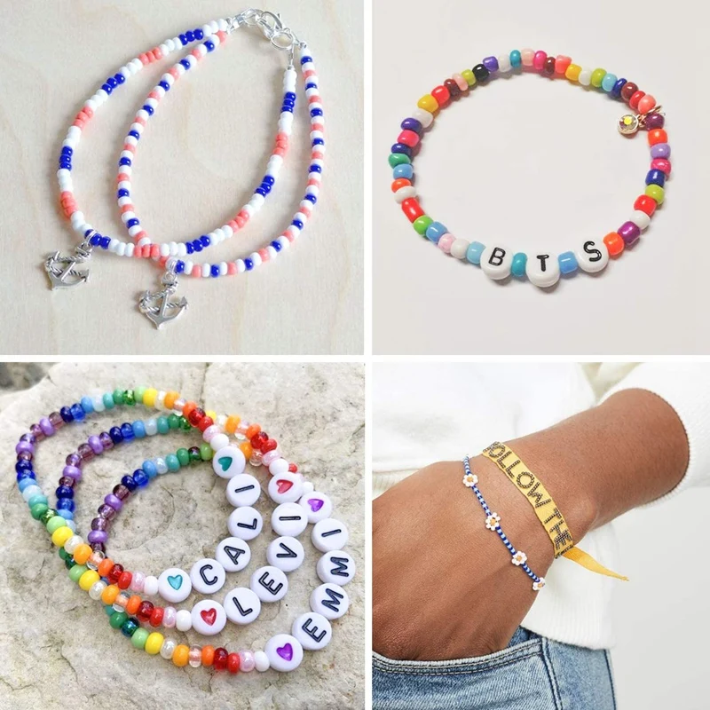 

3mm Glass Seed Beads and 600 Letter Beads, Used for Bracelet Jewelry Making and Crafts, with 2 Rolls of Rope