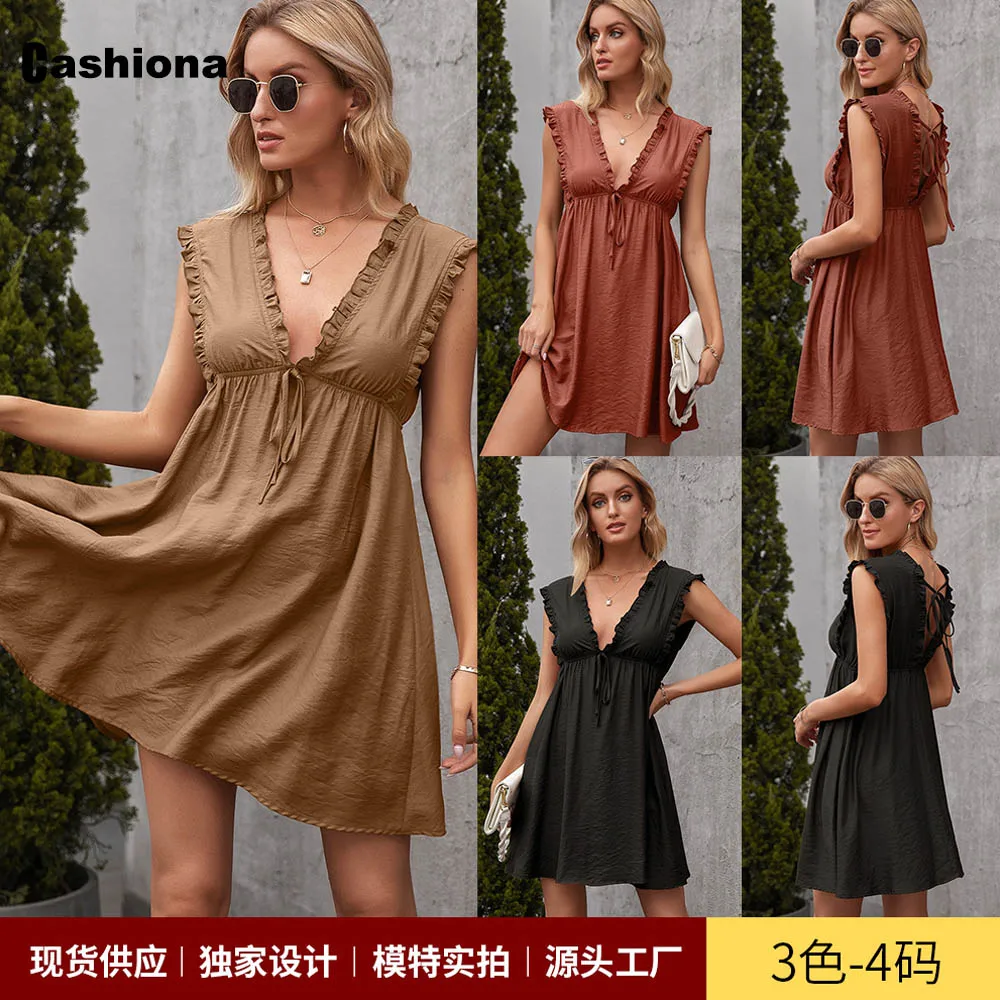 

Ladies Elegant V-neck Short Mini Dress 2021 Sleeveless Patchwork Sashes Dresses Plus size Women Lace-up Dress Femme Clothing