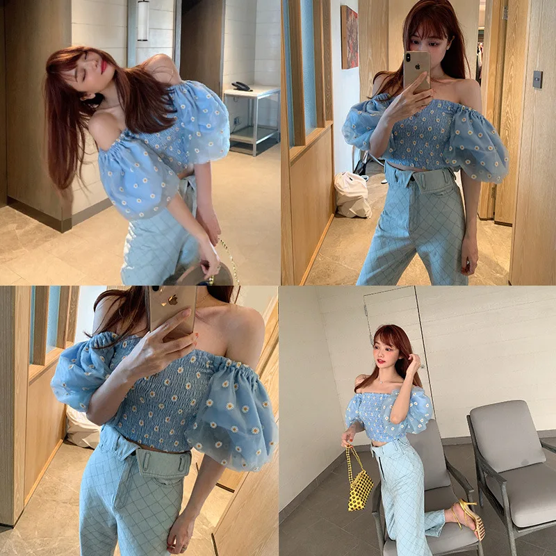 Женская сетчатая блузка Luzuzi летняя прозрачная с пышными рукавами и вышивкой на