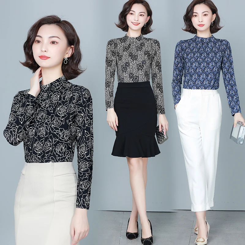 

Women Blouses Vintage Print Long Sleeve Stand Collar Slim Blouse Women Shirts Korean Plus Size Women Tops OL Office Blusas Mujer